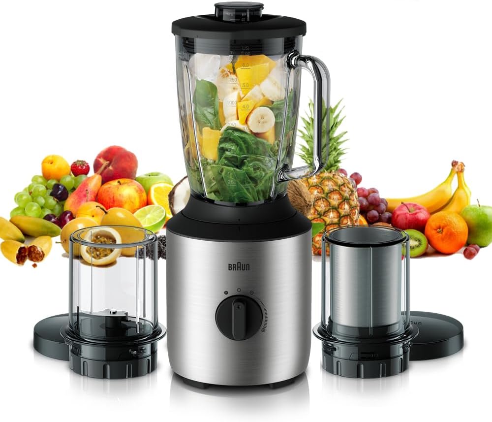 Braun PowerBlend Jug Blender 800W, 1.5L capacity, TriAction Technology, 2 Mills Chopper and Grinder, Stainless steel blades خلاط زجاجي باوربليند من براون، خلاط زجاجي سعة 1.5 لتر، 800 واط Braun PowerBlend Jug Blender 800W, 1.5L capacity, TriAction Technology, 2 Mills Chopper and Grinder, Stainless steel blades خلاط زجاجي باوربليند من براون، خلاط زجاجي سعة 1.5 لتر، 800 واط